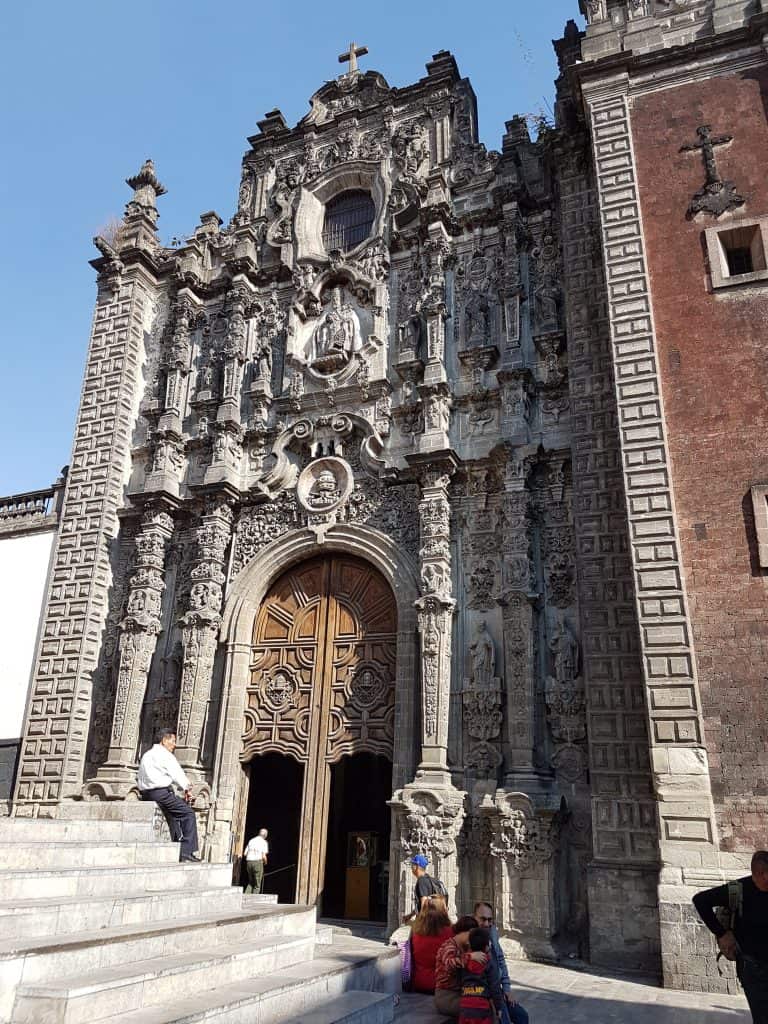 Church in Mexico City with ornate exterior stone carvings