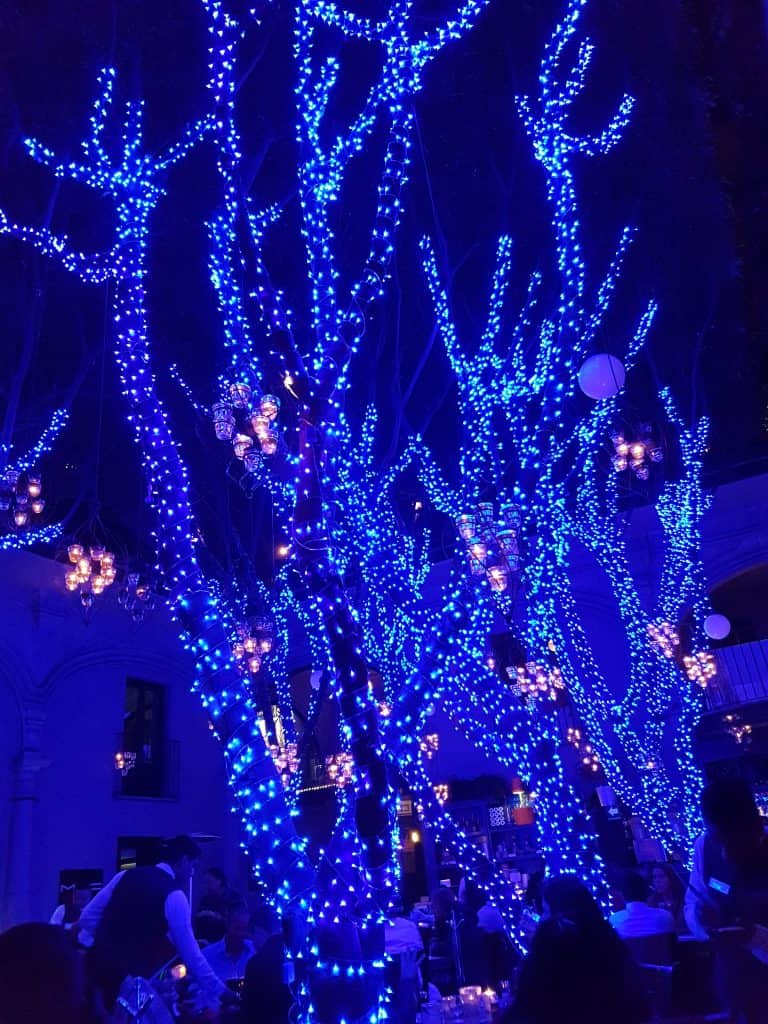 Decorative tree with lights inside Azul restaurant, Mexico City