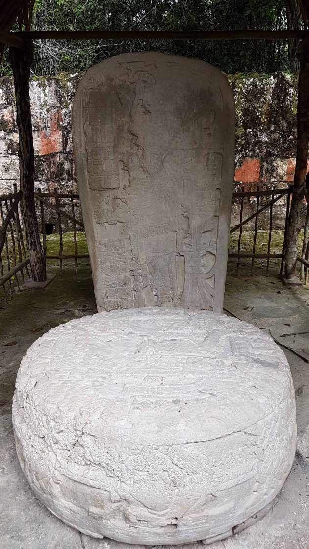 An upright stone tablet which tells a story about a king and a ceremonial sacrifice. At Tikal in Guatemala