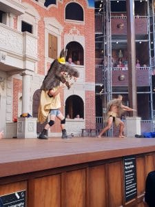 Bottom and Puck onstage in performance of Midsummer Nights Dream at Popup Globe Sydney