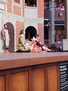 Lysander, Helena and Demetrius watched by the fairy king in production of Midsummer Nights Dream at Popup Globe Sydney