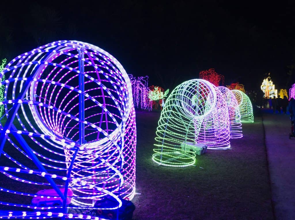 Image of a line of human size slinky's in lights at the Hunter Valley Christmas Spectacular