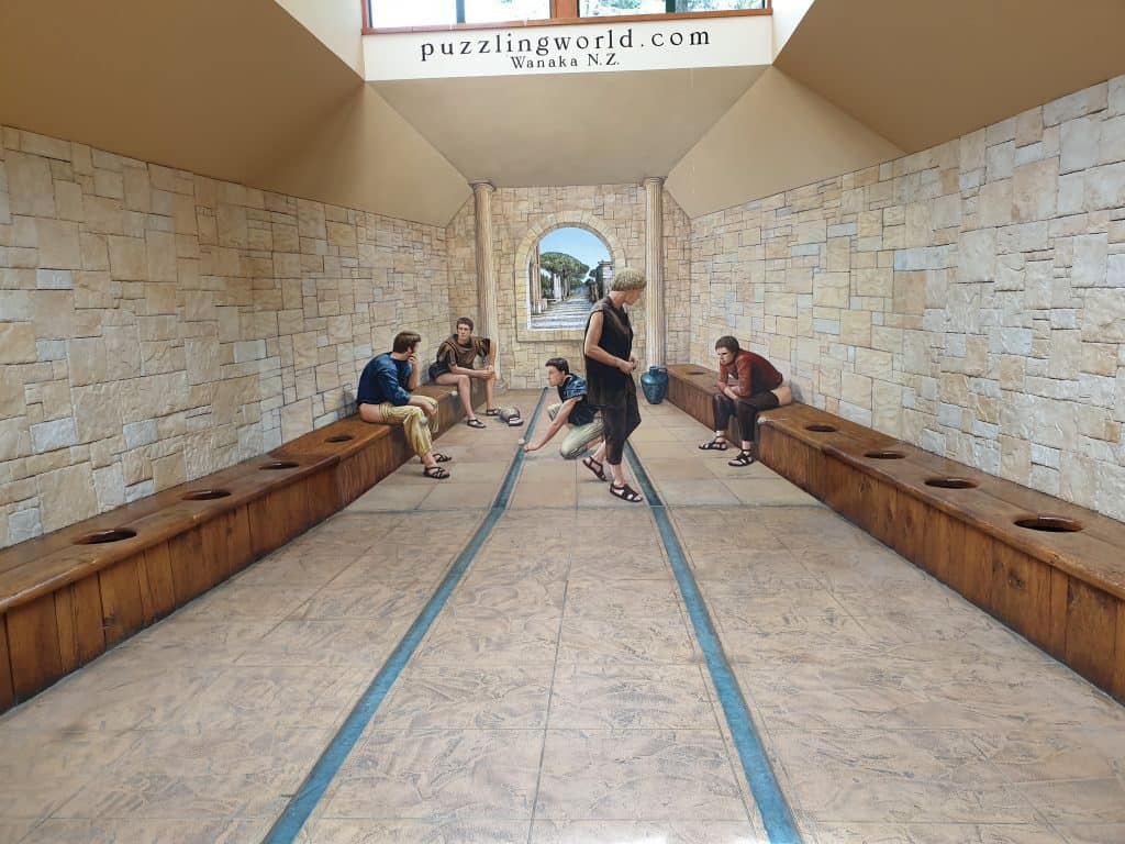 Roman Bathroom illusion at Puzzling World, Wanaka